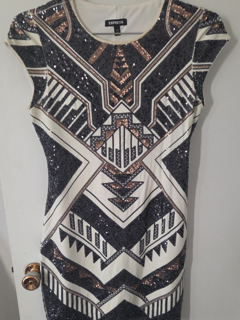 Express Sequin Geo-Pattern Dress in Black, White & Rose Gold